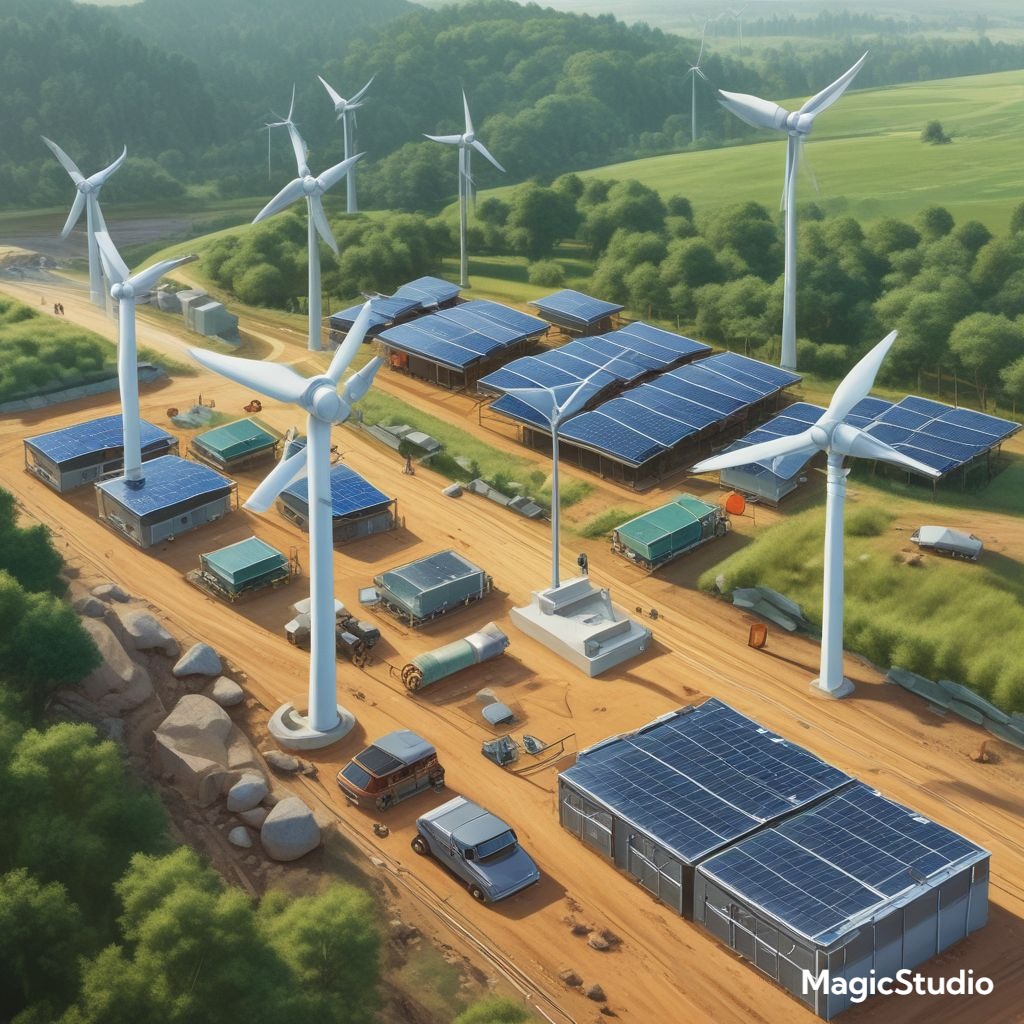 A conceptual illustration showing a crypto mining farm powered by renewable energy sources. Include solar panels, wind turbines, and green landscapes integrated with modern mining hardware to highlight sustainable mining practices.

